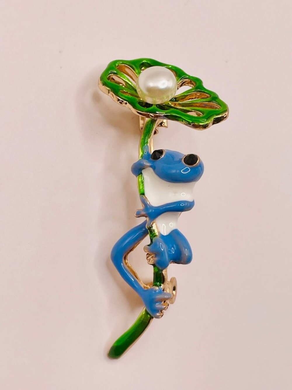 Blue & Green Frog Brooch Pearl-Accented Leaf Gold Tone Finish -112B